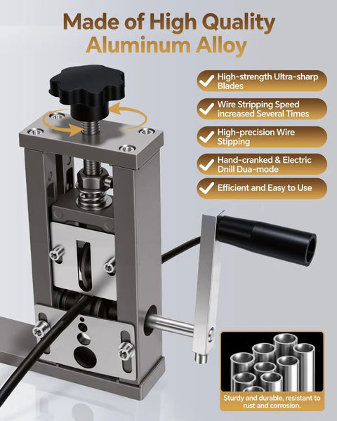 Heavy Duty Professional Grade Wire Stripping Machine That Shreds Thick Cables With No Sweat Manual Or Electric Drill Powered Cable Stripper Tool For Scrap Wiring And Dependable Jobs, showing aluminum alloy construction and adjustable handle.