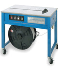 Compact Tabletop Strapping Machine Semi Automatic 110V Lightweight Box Securing Tool with 8 inch tape core and steel frame.