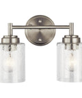 Winslow 12.75-Inch Vanity Light in Brushed Nickel, 2-light transitional bathroom fixture with clear seeded glass, front view.