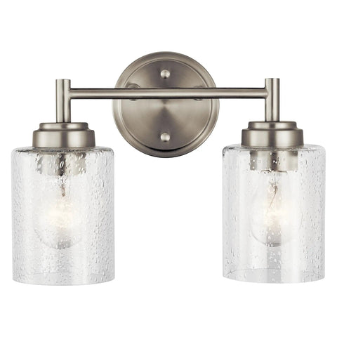 Winslow 12.75-Inch Vanity Light in Brushed Nickel, 2-light transitional bathroom fixture with clear seeded glass, front view.