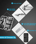 18 Piece Pro Grade Nail Care Set With Stainless Steel Manicure Pedicure Tools For Men And Women in leather case layout
