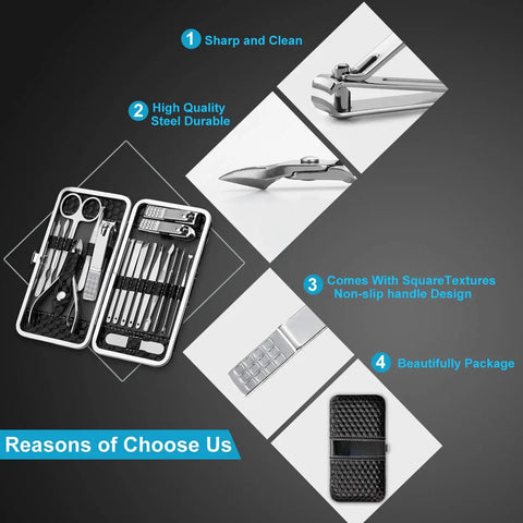 18 Piece Pro Grade Nail Care Set With Stainless Steel Manicure Pedicure Tools For Men And Women in leather case layout