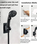 High Pressure 8 Inch Square Rain Shower Head With Handheld, 304 Stainless Steel, Matte Black Finish, wall mount install guide