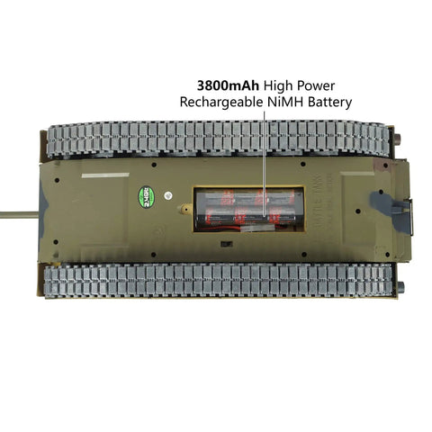 Underside view of Modified Edition 1/16 Scale M1A2 Abrams RC Tank showing 3800mAh battery and metal tracks.