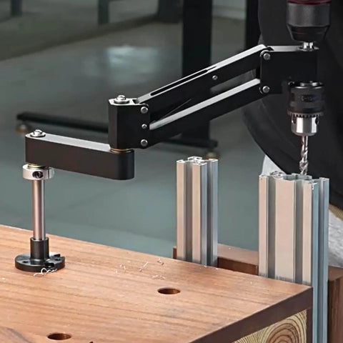 Aluminum CNC Tapping Cantilever Bracket and Support Arm in use, mounted horizontally with 130mm stroke, showing detachable clamp and stability.
