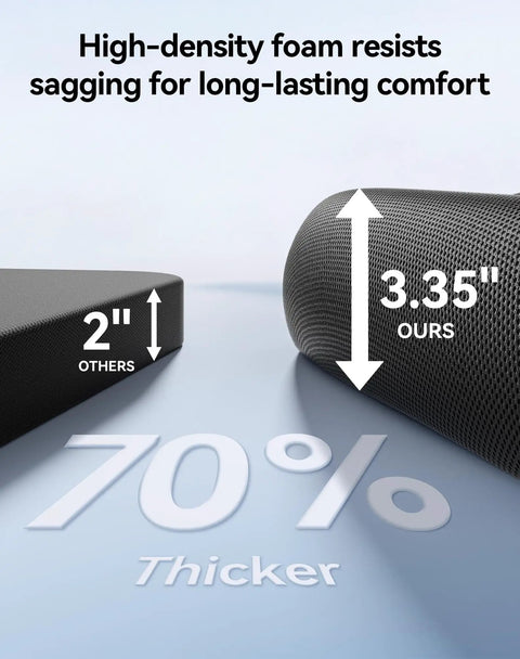 Comparison of cushion thickness showing 3.35-inch foam vs 2-inch foam, labeled for All Day Comfort Ergonomic High Back Mesh Desk Chair