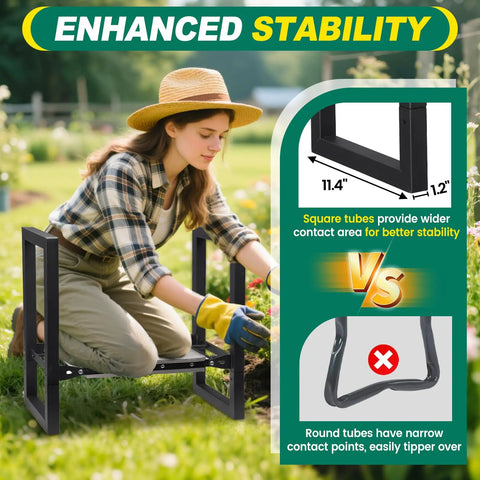 Woman using Heavy Duty Folding Garden Kneeler And Seat With Handles, Stable Stool For Kneeling Or Sitting in garden.