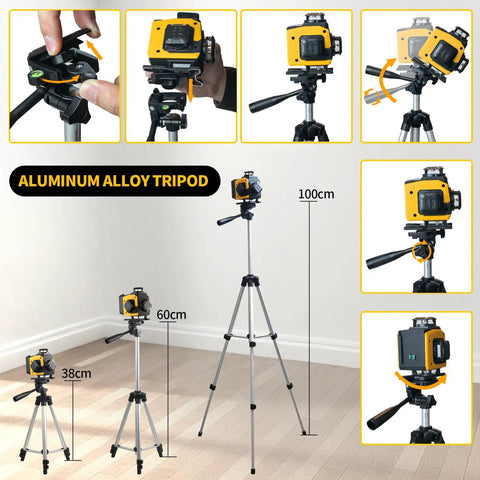 4D Green Beam Laser Level With Tripod For Easy Room Layouts, Four 360 Degree Lines With 90 Degree Cross, Self Leveling, Rotatable Window, Includes Two 4500mAh Batteries, Perfect For Picture Hanging, Tiling, Ceilings, And Home Renovation on aluminum alloy tripod, 38-100 cm adjustable