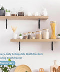 Heavy Duty Folding Shelf Brackets 8 Inch White Metal Corner Braces holding wooden shelves with decor and jars in kitchen.