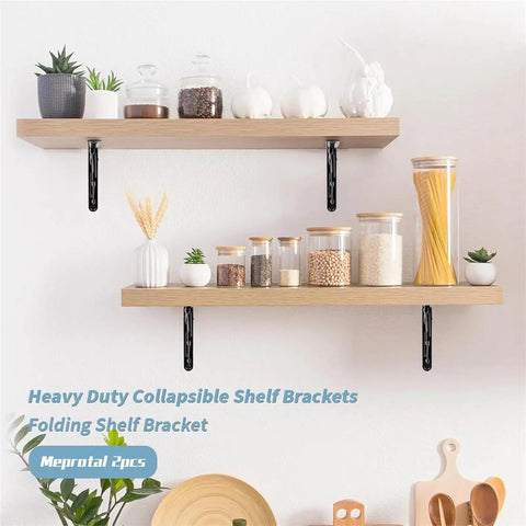 Heavy Duty Folding Shelf Brackets 8 Inch White Metal Corner Braces holding wooden shelves with decor and jars in kitchen.