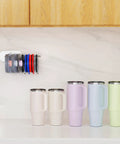 Durable Tumbler Lid Organizer Two Pack Featuring Space Saving Under Cabinet Hangers For All Cups, showing organized lids above colorful tumblers.