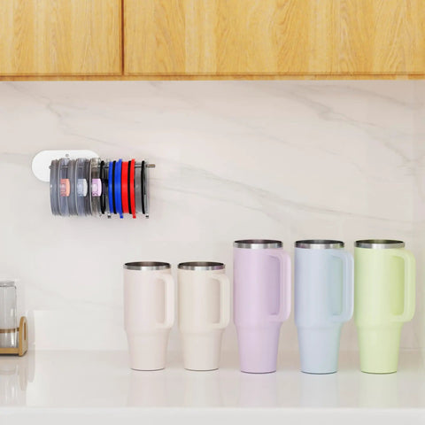 Durable Tumbler Lid Organizer Two Pack Featuring Space Saving Under Cabinet Hangers For All Cups, showing organized lids above colorful tumblers.