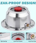 Aluminum Trailer Hub Cap Kit 343 4195, 4 Pack With Rubber Plugs And Gaskets, close-up of one hub cap with red plug and gasket