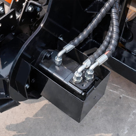 Close-up of hydraulic hoses on Workhorse Skid Steer Trencher Attachment With Beefy Steel Frame And Tungsten Carbide Teeth