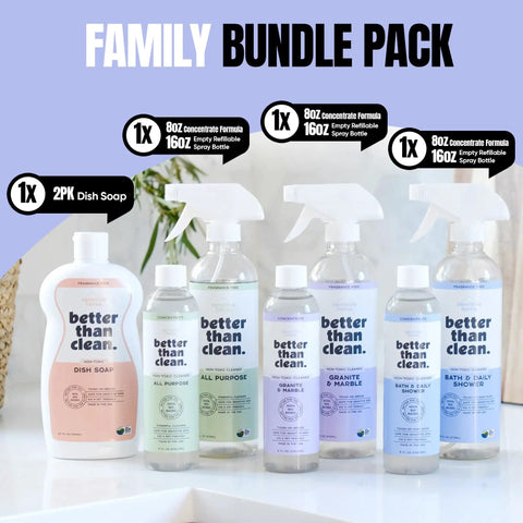 Plant Based Fragrance Free Family Cleaning Bundle With 4 8oz Concentrates Dish Soap All Purpose Cleaner Marble And Granite Cleaner Bath And Shower Safe For Family And Pets shown on a counter.
