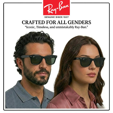 Models wearing Ray-Ban sunglasses, showcasing timeless modern style for all genders with square shaped non-polarized green lenses.