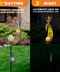 Solar Powered Angel Moon Dope Crackle Glass Globe Path Lights For Garden Lawn Patio Or Courtyard Waterproof Warm White LEDs Outdoor Stake Decor Gift Set showing daytime charging and nighttime glow.