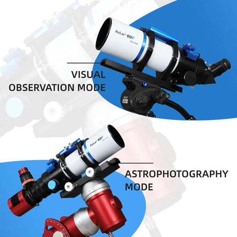 Flat Field 60mm Refractor Telescope With F6.8 ED Quadruplet APO Air Spaced Optics showing visual and astrophotography modes