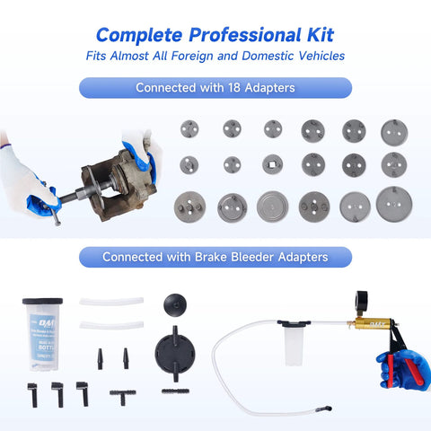 Front view of Orion Motor Tech 2-in-1 brake caliper compression and brake bleeder kit with 18 adapters and handheld vacuum pump
