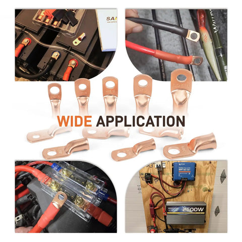 Four Gauge Wire Connectors Kit With Three Eighths Inch M10 Ring Terminals copper lugs and heat shrink tubing in use.