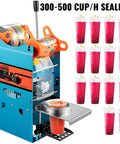 Heavy Duty Manual Boba Tea Cup Sealer Machine Built Like A Tank For Hustle Ready Cafes Fits 90 Mm And 95 Mm Cups sealing drinks with red beverages.