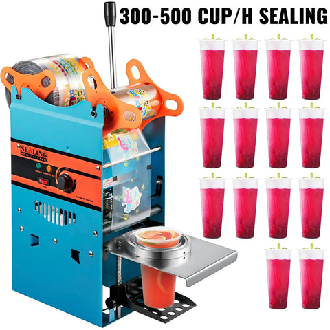 Heavy Duty Manual Boba Tea Cup Sealer Machine Built Like A Tank For Hustle Ready Cafes Fits 90 Mm And 95 Mm Cups sealing drinks with red beverages.