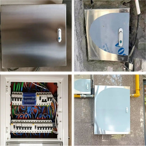 Heavy Duty Stainless Steel Electrical Enclosure Box With Hinged Cover installed, showing internal wiring setup, 30x20x10 inches, 2mm thick