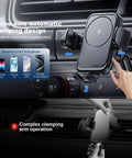 Hassle Free Wireless Car Charger With Intelligent Auto Grip Mount And Cup Slot Tray showcasing three-axis automatic clamping design.