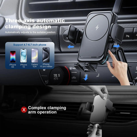 Hassle Free Wireless Car Charger With Intelligent Auto Grip Mount And Cup Slot Tray showcasing three-axis automatic clamping design.