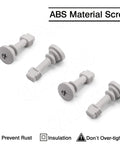 Four grey ABS material screws with flatheads shown in various angles on a white background