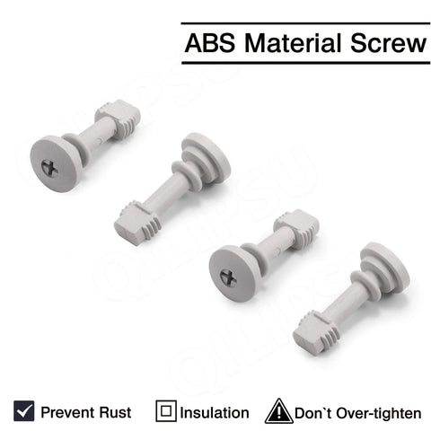 Four grey ABS material screws with flatheads shown in various angles on a white background