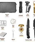14 In 1 Survival Kit For Men Gift For Him Dad Husband Emergency Gear And Equipment For Hunting Fishing Camping And Outdoor Adventure, Cool Gadget Set With Compass, Wire Saw, Flint, Blanket, Light, And Waterproof Box components layout.
