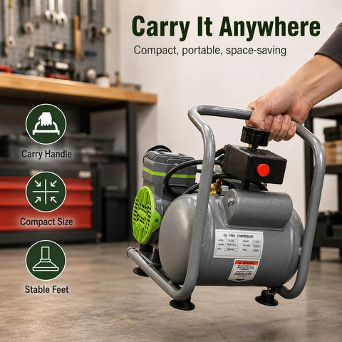 This Bad Boy Portable Electric Air Compressor Is A Total Game Changer For Your Shop Or Garage. With 1.5 Horsepower And 110 Volt Power Plug, This Unit Delivers Serious Pounds Per Square Inch Pressure Without The Noise Pollution. The Two Gallon Steel Tank