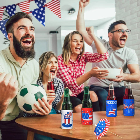 Group enjoying drinks with Red White Blue Can Cooler Sleeves 12 Pack For Fourth Of July Independence Day Party Favors Collapsible Insulated