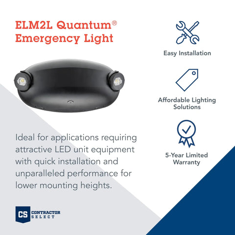 Lit LED Emergency Light With Manual Testing, 220 Lumens, Black, displayed with installation and warranty details