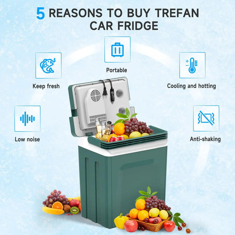 Tailgate Ready Portable Thermoelectric Car Cooler And Warmer 26 5 Quart Dual Temp Fridge For Truck RV Camper Party with fruits and drinks.