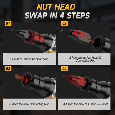 Nut head swap steps for Cordless Rivet Nut Gun Kit With Auto Mode And Memory, 2030 Lbs Pulling Force, Brushless Motor.