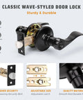 Matte Black Lever Door Handle Set With Keyed Entry For Front Door 3 Pack Vintage Style Door Handles Easy Install Lockset Durable Home Security Hardware Quick DIY Fit No Fuss shown with wave-style design and components