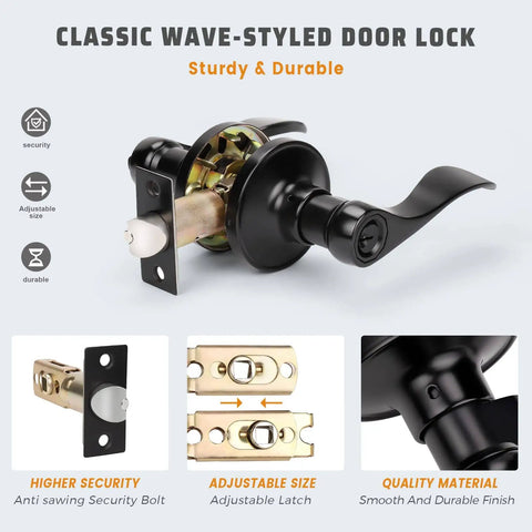 Matte Black Lever Door Handle Set With Keyed Entry For Front Door 3 Pack Vintage Style Door Handles Easy Install Lockset Durable Home Security Hardware Quick DIY Fit No Fuss shown with wave-style design and components