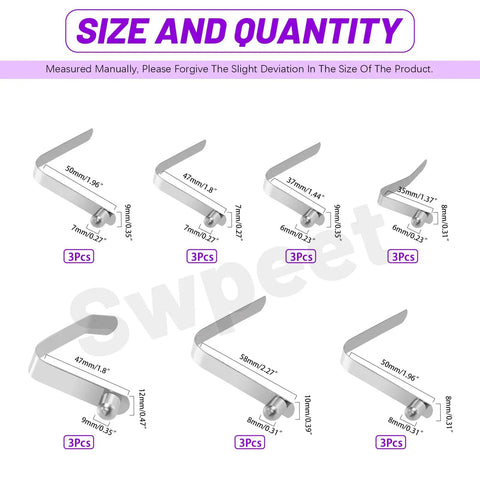 21 Piece Stainless Steel V Shaped Push Button Spring Clips Set In 7 Sizes For Tent Poles Kayak Paddles Umbrellas And Camping Gear Grab-And-Go Storage Case Included Durable Silver Lock Tube Clips; 7 clip sizes shown with dimensions