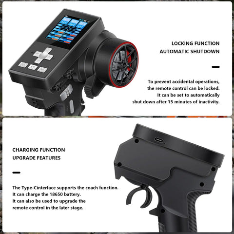8 Channel 2.4GHz RC Transmitter with Receiver showing locking function and charging port details