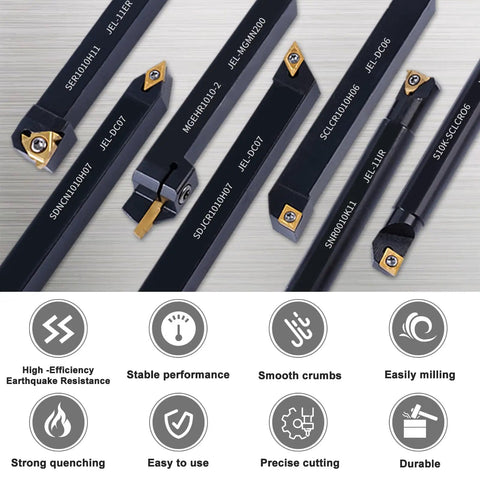 Heavy Duty 3/8 Indexable Lathe Turning Tool Set With Seven Angled Holders And Sharp Carbide Inserts For No Nonsense Shop Grade Metalworking Projects - detailed image of lathe tools with various holders.