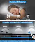 Split image showing girl sleeping with timer icons and kitchen with Six Pack Wireless Under Cabinet Lights With Remote USB Rechargeable RGB LED Bar Kit