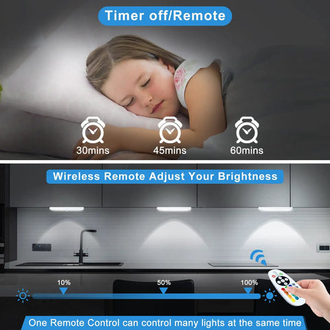 Split image showing girl sleeping with timer icons and kitchen with Six Pack Wireless Under Cabinet Lights With Remote USB Rechargeable RGB LED Bar Kit