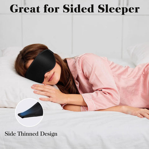 Woman wearing 3D Eye Mask For Sleep And Travel For Men And Women, 100 Percent Pressure Free Contoured Eye Pockets, Ultra Light Block Out, Adjustable Strap, Soft Barrier, Black in sidelying position