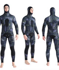 5MM Neoprene Spearfishing Wetsuit With Hood, 2-Piece Camouflage Hunting Diving Suit With Loading Chest Pad For Cool Water Freediving, Snorkeling And Swimming, Silver, XL front, side, and back view