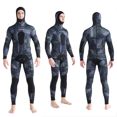 5MM Neoprene Spearfishing Wetsuit With Hood, 2-Piece Camouflage Hunting Diving Suit With Loading Chest Pad For Cool Water Freediving, Snorkeling And Swimming, Silver, XL front, side, and back view