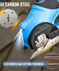 Kickass Cordless Electric Scissors With Glow Led Light Rechargeable Rotary Box Cutter For Thick Cardboard Fabric Fast Snip showing high carbon steel blade and cutting mechanism.