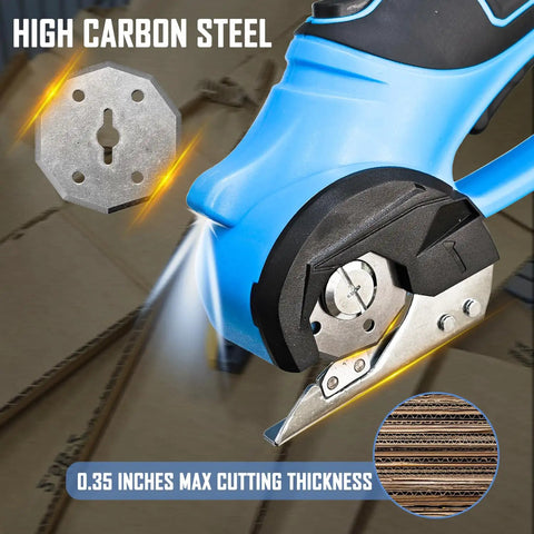 Kickass Cordless Electric Scissors With Glow Led Light Rechargeable Rotary Box Cutter For Thick Cardboard Fabric Fast Snip showing high carbon steel blade and cutting mechanism.