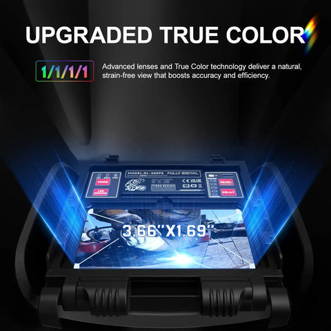 Auto Darkening Welding Helmet With Intelligent Light Pro Grade Full Digital Filter True Color screen display showing upgraded true color feature.